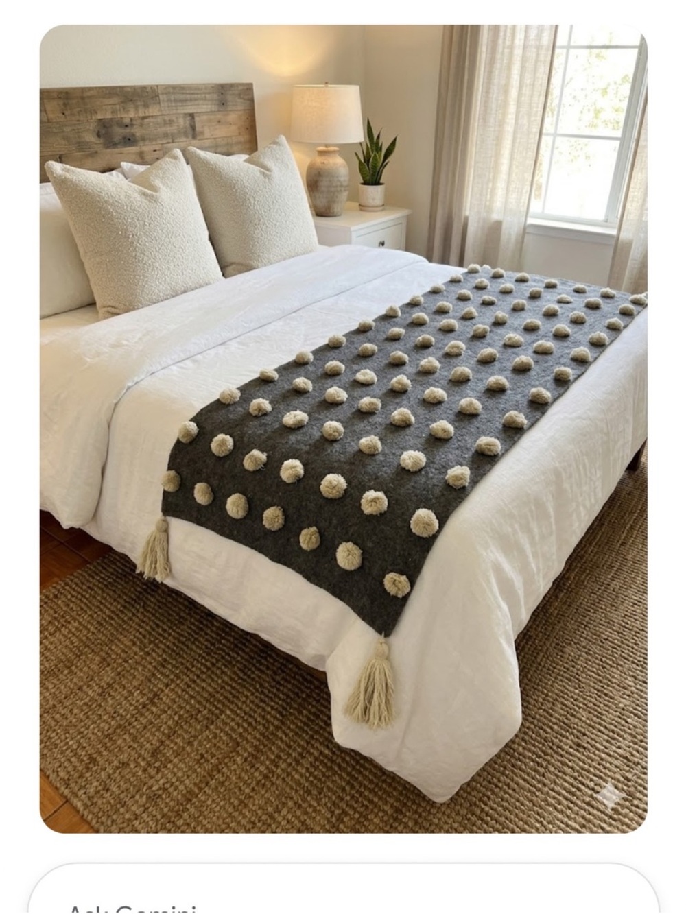 Boho Artisan Crafted Wool Bed Runner Grey Cream Pom Poms Tassels